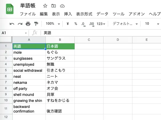 1列目に英語を、2列目にその意味を入力する