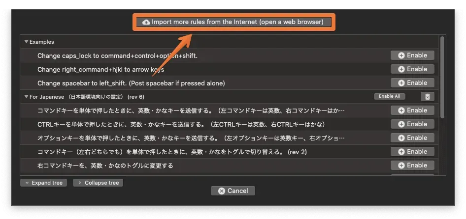 上部にある「Import more rules form the Internet （open a web browser）」をクリックする